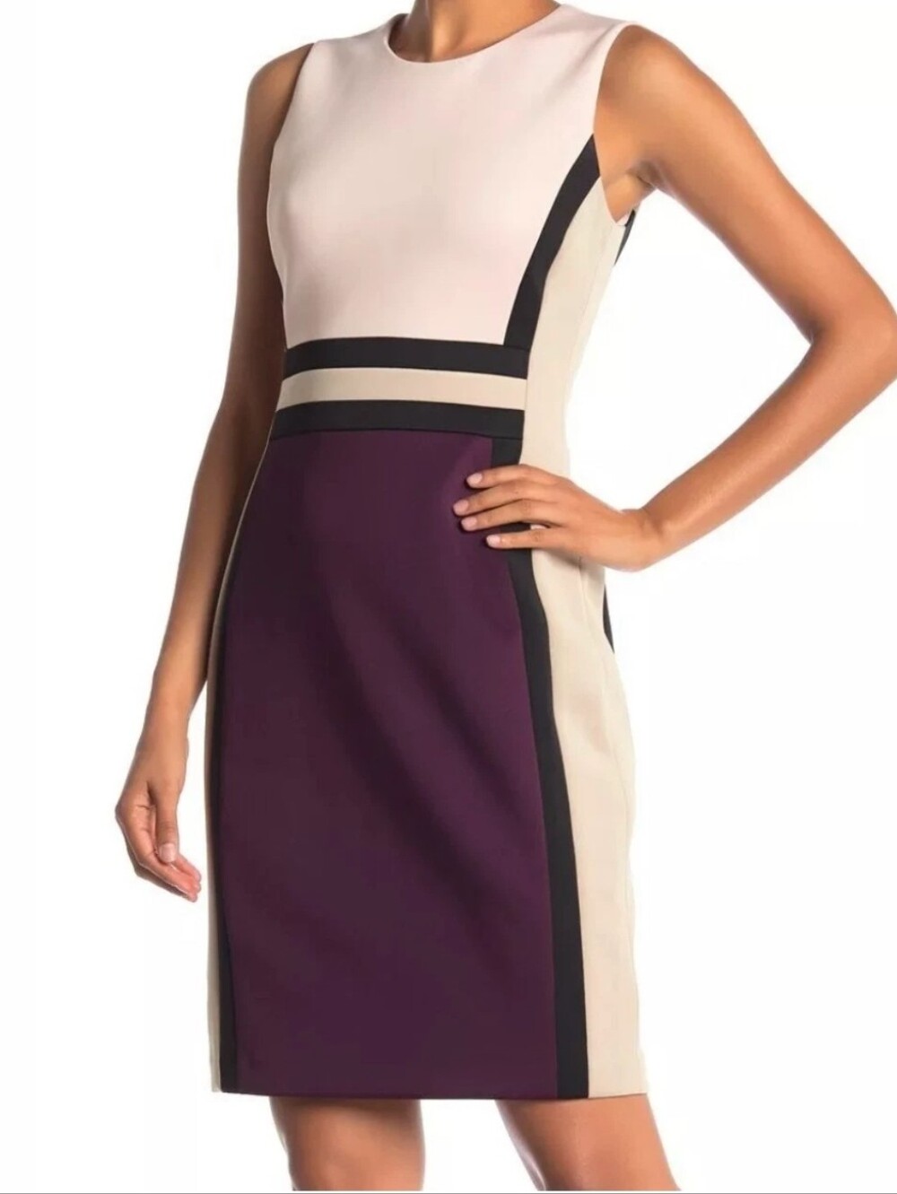 Calvin Klein Stretch Ponte Colorblock Sheath Dress Burgundy Pink Cream Sz 8